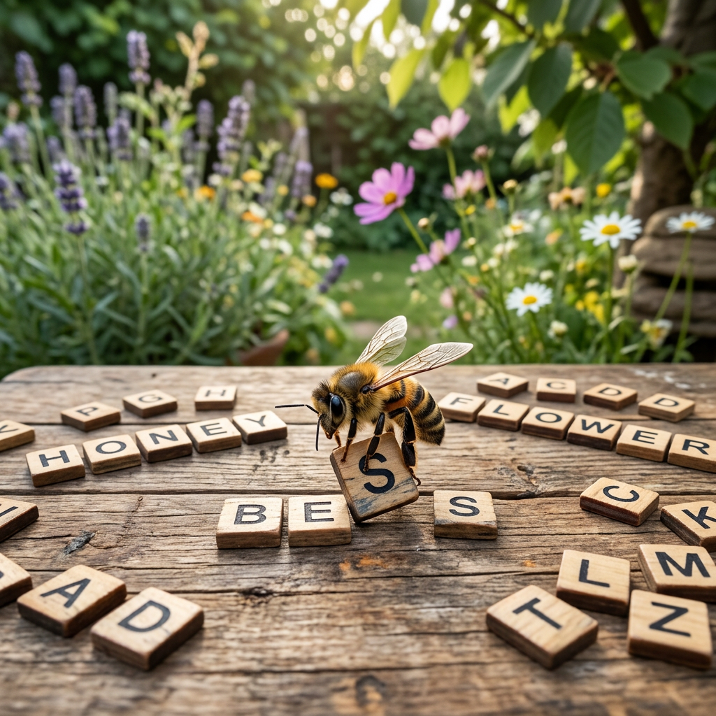 Bee holding a Scrabble tile on a wooden table with letters and flowers in the background